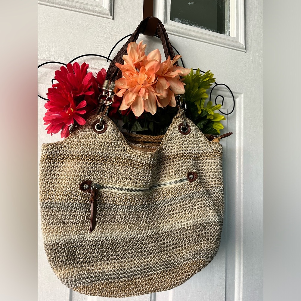 The Sak Shoulder Bag Double Woven Removable Leather Handles Tan Stripe Crochet
